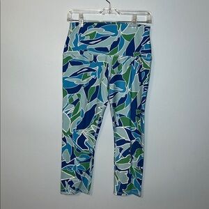 RBX Blue and Green Leaf Print Cropped Leggings, Large